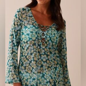 La Vie En Rose Aqua Beach Floral Mesh Cover Up Top Vacation Size M